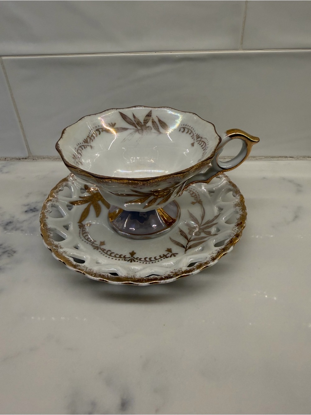 Royal Halsey Vintage Bridgerton Mahjong Porcelain Gold-Trim Teacup and Saucer